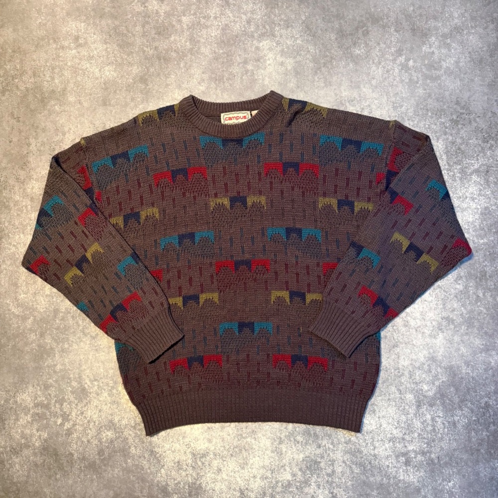 Vintage Campus Mens XL Gray Abstract Geometric Knit Crewneck Sweater Acrylic
